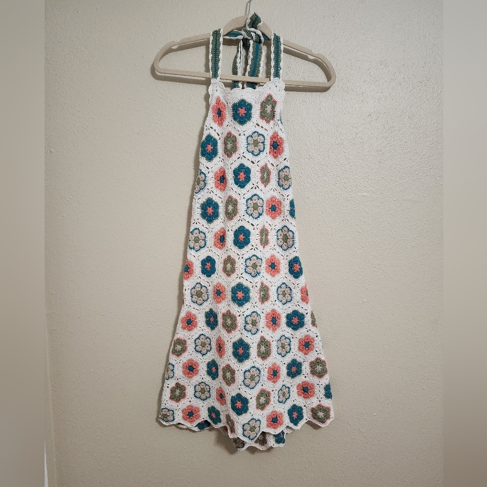 Show Me Your MuMu Happy Halter Mini 70S Multi Crochet Dress XXL Spring Festival - Picture 8 of 11